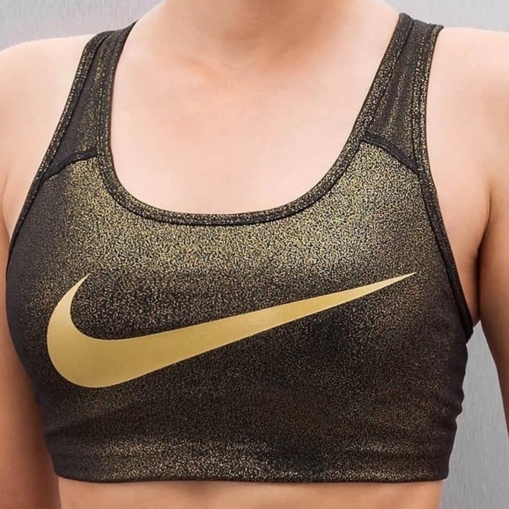 Nike Pro Classic Sparkle Sports Bra Black Gold Metallic Swoosh Athleisure Small